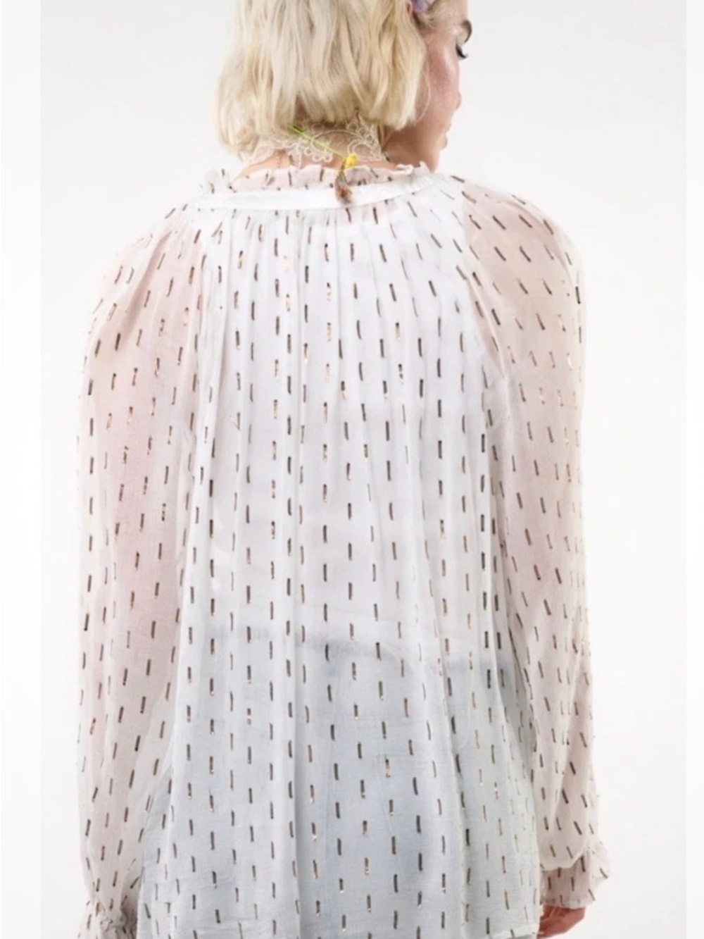 Aratta Sheer White & GoldLong-Sleeve Blouse - with Beaded Tassel Tie. Sz M - Picture 3 of 5
